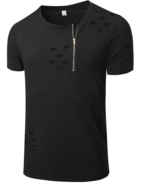 NITAGUT Mens Hipster Hiphop Holes Design T-Shirt Cotton Crewneck Tees Zipper Trim-Black