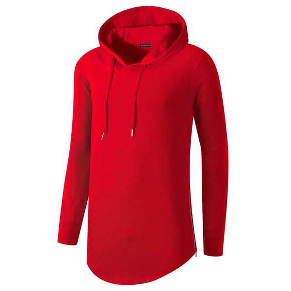 NITAGUT Mens Hipster Hip Hop Longline Hooded Side Zipper Long Sleeve T Shirt-Red