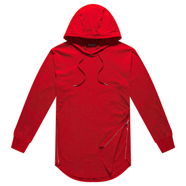 NITAGUT Mens Hipster Hip Hop Longline Hooded Side Zipper Long Sleeve T Shirt-Red