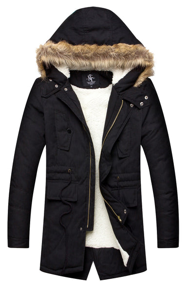 NITAGUT Men's Hooded Faux Fur Lined Warm Coats Outwear Winter Jackets-Black