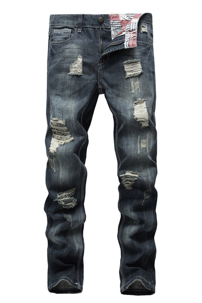NITAGUT Men's Ripped Slim Fit Tapered Leg Jeans-Dark Blue