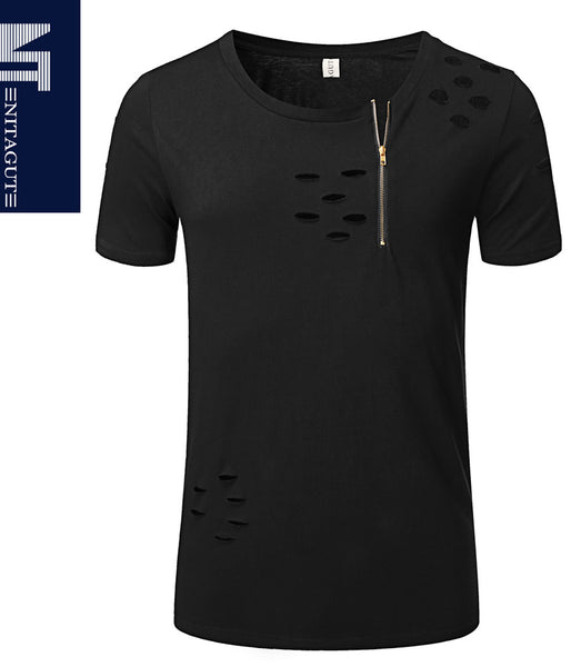 NITAGUT Mens Hipster Hiphop Holes Design T-Shirt Cotton Crewneck Tees Zipper Trim-Black