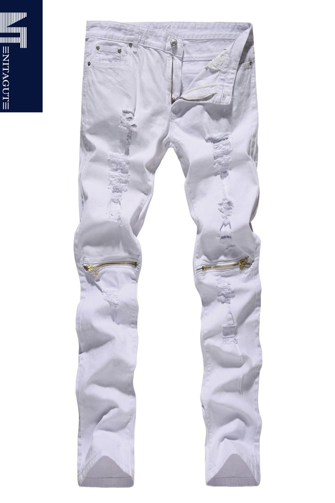 NITAGUT Men's Skinny Ripped Destroyed Slim Straight Fit Zipper Jeans With Holes