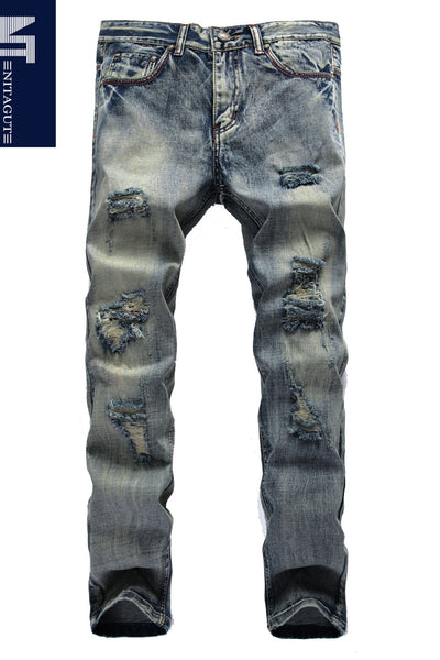 NITAGUT Men's Ripped Slim Fit Tapered Leg Jeans-Grey Blue