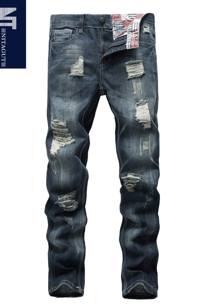 NITAGUT Men's Ripped Slim Fit Tapered Leg Jeans-Dark Blue