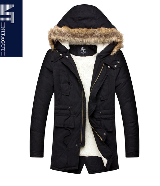 NITAGUT Men's Hooded Faux Fur Lined Warm Coats Outwear Winter Jackets-Black