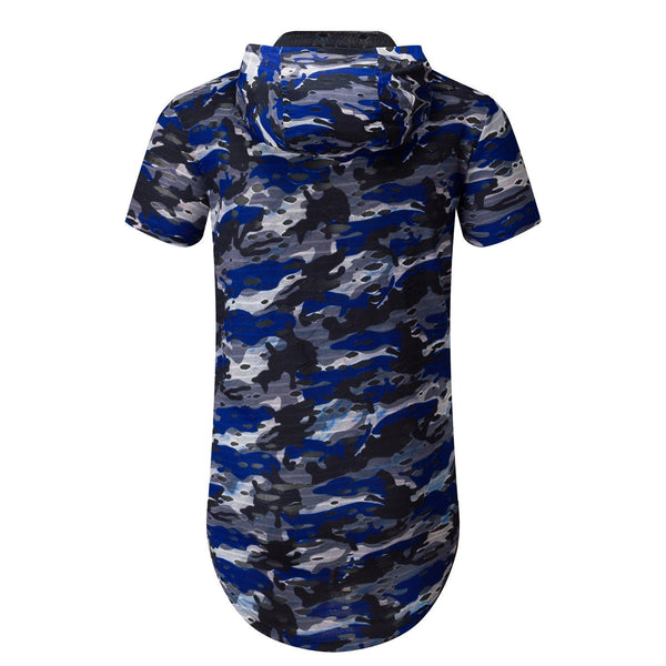 NITAGUT Mens Hipster Hip Hop Holes Zipper Hoodie Camo Tees- Blue