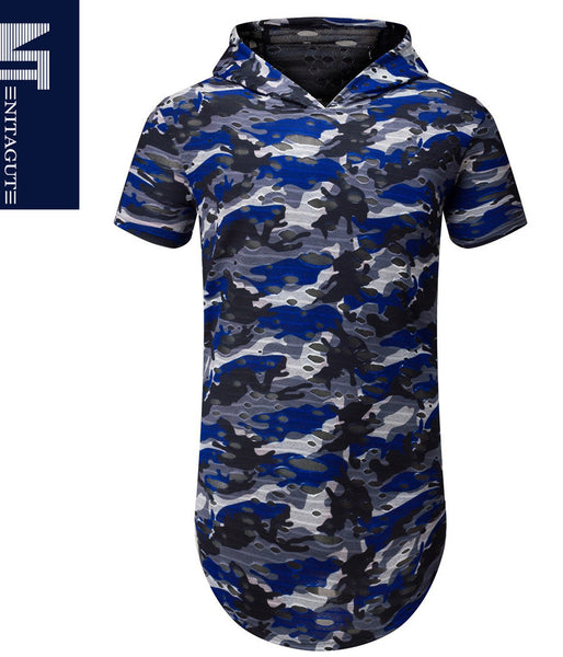 NITAGUT Mens Hipster Hip Hop Holes Zipper Hoodie Camo Tees- Blue