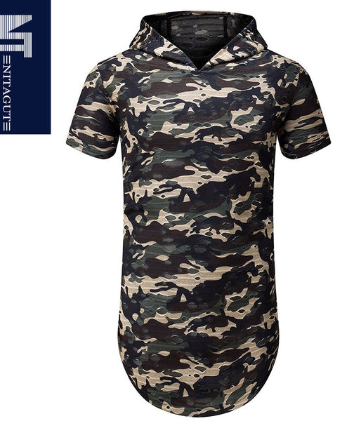 NITAGUT Mens Hipster Hip Hop Holes Zipper Hoodie Camo Tees -Green