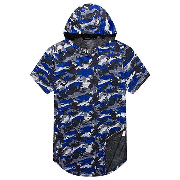 NITAGUT Mens Hipster Hip Hop Holes Zipper Hoodie Camo Tees- Blue