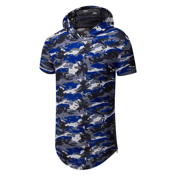 NITAGUT Mens Hipster Hip Hop Holes Zipper Hoodie Camo Tees- Blue