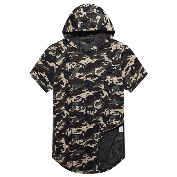 NITAGUT Mens Hipster Hip Hop Holes Zipper Hoodie Camo Tees -Green